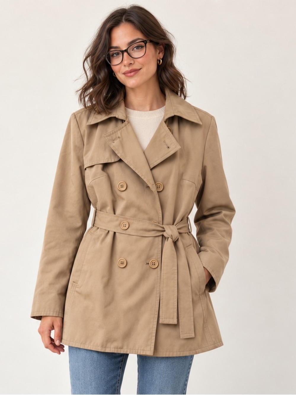 PURE Alfred Sung Tan Belted Trench Coat L Preppy Minimalist Classic